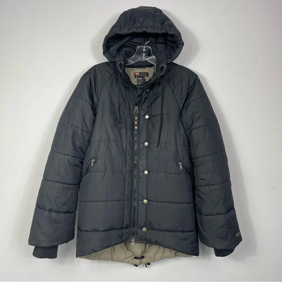 Diesel Woman’s Puffer Jacket Black High Low Hooded Insulated Winter Coat M - Picture 8 of 16